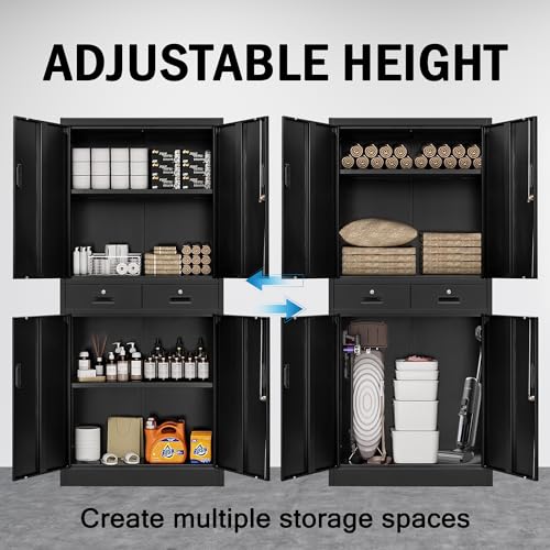 Metal Storage Cabinet，71" Garage Storage Cabinet with 2 Locking Drawer and 4 Adjustable Shelves ，Black Tool Cabinet，Lockable File Steel Cabinet for