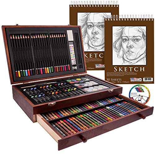 U.S. Art Supply 145-Piece Mega Wood Box Painting and Drawing Set in Storage Case - 2 Sketch Pads, 24 Watercolor Paint Colors, Oil Pastels, Colored - WoodArtSupply