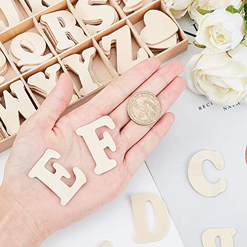 PandaHall 112pcs 1.5 Inch Wooden Letters A~Z Heart Set- Small Wooden Capital Letters with Storage Tray - Wooden Alphabet Craft Letters Smooth Natural PH PandaHall