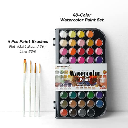 TRANSON 48-Color Watercolor Kit with 4pcs Paint Brush Set for Adults, Students, Beginners and Artists