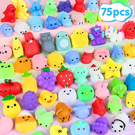 75Pcs Squishies Mochi Squishy Toys Party Favors for Kids Kawaii Mini Squishies Animal Stress Relief Toy Bulk Treasure Box Toys for Classroom Prizes FLY2SKY