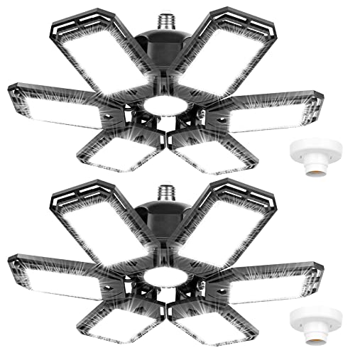 2 Pack LED Garage Lights 180W Deformable 18000LM Close to Ceiling Light Fixtures E26 E27 Screw-in Six Leaf Glow Lighting, Ultra Bright LED Shop Light