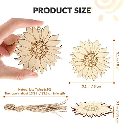 EXCEART 10 Pcs Unfinished Sunflower Wood Cutout Blank Wood Sunflower Slice with Twine for DIY Craft Spring - WoodArtSupply