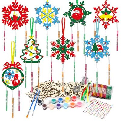gisgfim 8 PCS Christmas Wind Chime Kit for Kids Make You Own Christmas Wind Chimes DIY Coloring Wooden Craft Unfinished Wooden Snowflake Ornaments