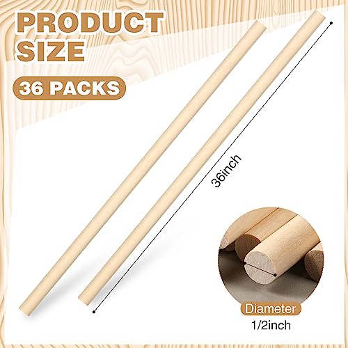 Sintuff 36 Pcs Wooden Dowel for Crafts Wood Dowel Rods Unfinished Wood Sticks Hardwood Sticks for Cake Support Crafts(1/2 x 36 Inch) Sintuff