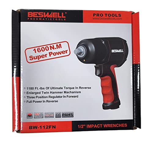 BESWELL-1/2" Regular Size Twin hammer PRO Level Air Impact Wrench-BW-112FN1 1600N.M Max Loosen Torque - WoodArtSupply