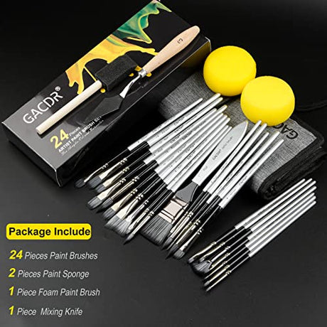 GACDR Acrylic Paint Brush Set, 24 Pieces Paint Brushes for Acrylic Painting with Cloth Roll Case and 2 Sponges, Pinceles para Acrilico for Oil GACDR