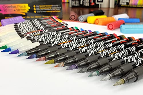 20 Brush Tip Acrylic Paint Pens, Classic and Metallic Color Double Pack,  Flexible Tip Brush Paint Markers for Lettering and Creative Painting,  Rocks