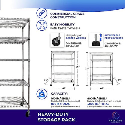 48 x 24 x 76, 4000 LBS, Commercial Metal Shelves for Storage with Wheels for Garage Shelving, 5 Tier Wire Shelving Rack for Kitchen Storage, Heavy