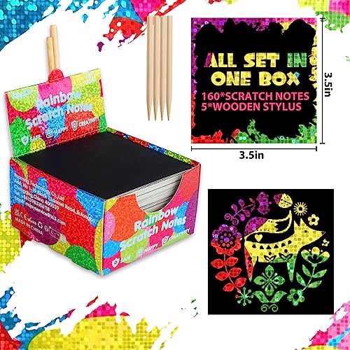 RMJOY Scratch Art Mini Notes: 160 Holographic Rainbow Scratch Paper Magic Craft Card DIY Kit Supplies Party Favor Gift Toy for Kid Art Craft Bulk Set RMJOY