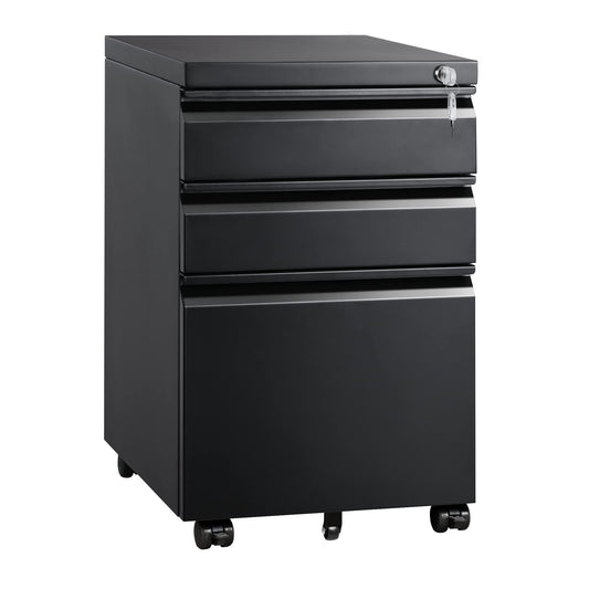 DEVAISE 3 Drawer Mobile File Cabinet with Lock, Under Desk Metal Filing Cabinet for Legal/Letter/A4 File, Fully Assembled Except Wheels, Black - WoodArtSupply