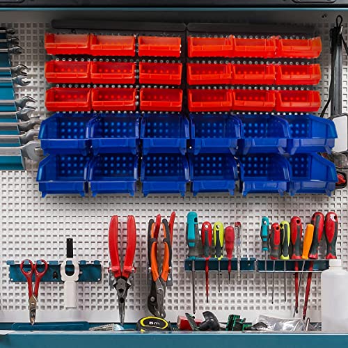 Wall-Mounted Garage Storage Bins - 30 Compartments for Garage Organization, Craft Supply Storage, Tool Box Organizer Unit by Stalwart (Red/Blue) Stalwart