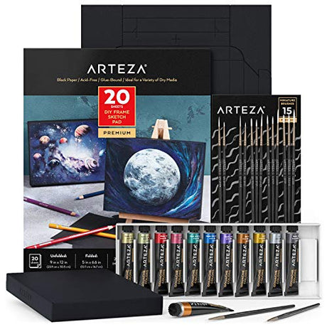 Arteza Gouache Painting Art Set, Metallic Gouache Paint 12 and Foldable Black Canvas Paper Bundle, DIY Kit, Art Supplies for Artists & Beginners, Art ARTEZA