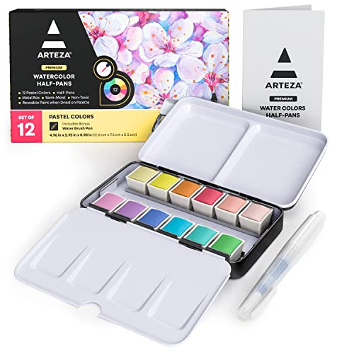 Arteza Pastel Watercolor Paint Set with Water Brush, 12 Watercolor Half Pans in Storage Tin, Semi Moist, Art Supplies for Painting Stunning - WoodArtSupply