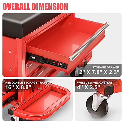 DNA MOTORING TOOLS-00261 3-Drawer Chest Rolling Mechanic Seat with Tool Trays,350lbs Max Weight Capacity,Red - WoodArtSupply