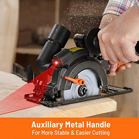 DOVAMAN Circular Saw, 5.8A 4-1/2" Circular Saw w/Laser, Metal Auxiliary Handle, 6 Saw Blades (4½", 4¾"), Cutting Depth 1-11/16" (90°), 1-3/8" (45°), DOVAMAN