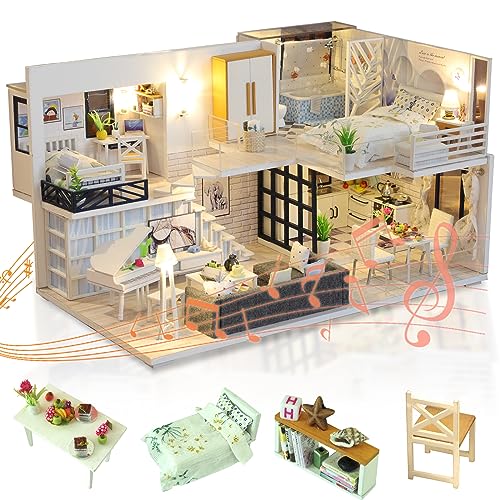 DIY Miniature Dollhouse Kit, Tiny House Model Kit with Music Box & LED Light & Dust Proof Cover, 1:24 Scale, 3D Wooden Puzzle for Adults, Handmade Hallisun