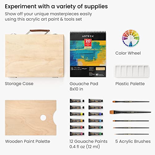 Arteza Gouache Paint Kit, 21 Pieces Art Set, 12 Gouache Art Paint Tubes, 5 Acrylic Brushes, Paper Pad, Plastic Palette, and Wooden Storage Case, Art ARTEZA