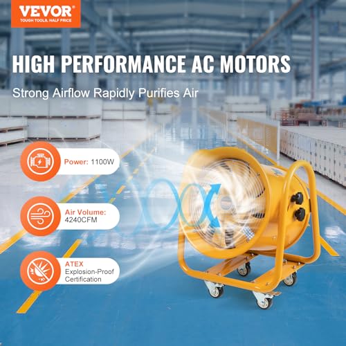 VEVOR Portable Blower Explosion Proof Utility Fan 16 inch, 4240 CFM Heavy Duty Cylinder Exhaust Fan With 16.4ft Power Cord - No Plug, Industrial VEVOR