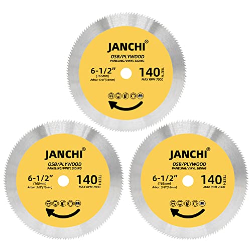 3Pack 6-1/2 Inch 140T Circular Saw Blade, Plywood, OSB, Paneling and Vinyl Siding Fast and Smooth Cutting Saw Blade 5/8 Inch Arbor. Janchi