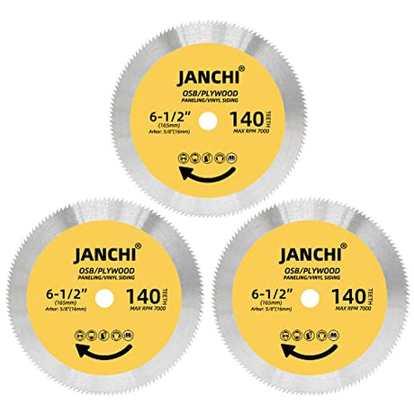 3Pack 6-1/2 Inch 140T Circular Saw Blade, Plywood, OSB, Paneling and Vinyl Siding Fast and Smooth Cutting Saw Blade 5/8 Inch Arbor. Janchi