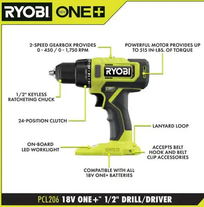 RYOBI ONE+ 18V Cordless 1/2 in. Drill/Driver Kit with (2) 1.5 Ah Batteries and Charger, Green - WoodArtSupply