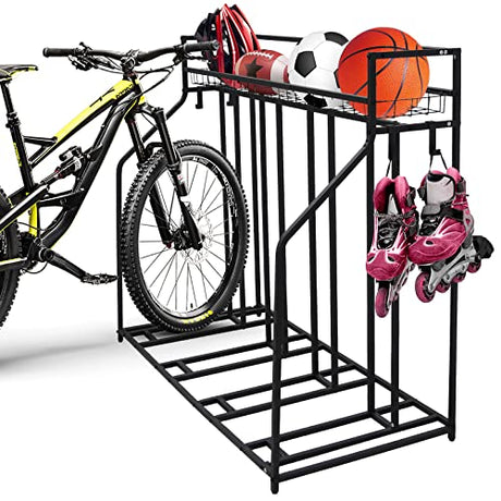 sanheshun 4 Bike Stand Rack with Storage – Bike Rack Floor Stand, Great for Parking Road, Mountain, Hybrid or Kids Bikes – Garage Organizer - Indoor sanheshun