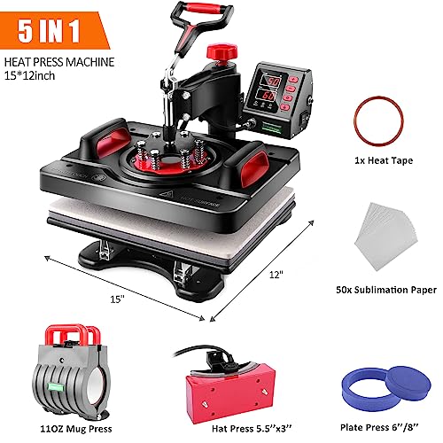Pro Heat Press, 5 in 1 Heat Press Machine for T Shirts, 15 x 12 Inch Shirt Press Machine, 360-Degree Swing Away Heat Transfer Sublimation Shirt AKEYDIY