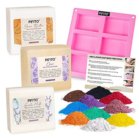 Pifito Soap Making Kit │ DIY Soap Making Supplies - 3 lbs Melt and Pour Soap Base (Goats Milk, Shea Butter, Clear), 10-Pack Mica "Original" Colorants Pifito