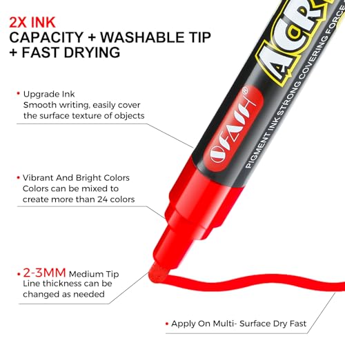 SFAIH Acrylic Paint Markers Paint Pens 24 Colors 2-3mm Medium Tip Paint Markers for Fabric, Canvas, Rock, Glass, Wood, Plastic, DIY Crafts Art SFAIH