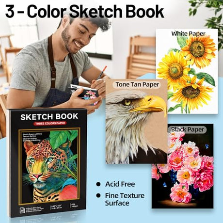 POPYOLA 136 Pack Colored Pencils Set with Portable Gift Case, Art Supplies 120 Colored Pencils, 3-Color Sketch Book, Coloring Book, Sketchbook, POPYOLA