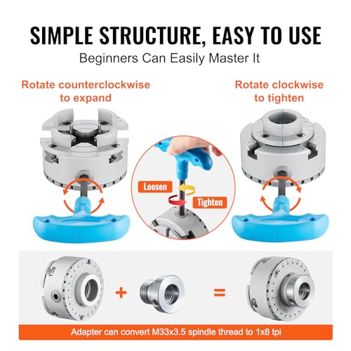 VEVOR KP965 Lathe Chuck, 4-Jaw 3.75" Diameter, Metal Lathe Chuck Turning Machine Accessories with 5 Sets of Jaws, Self-centering Tool, for Precision - WoodArtSupply