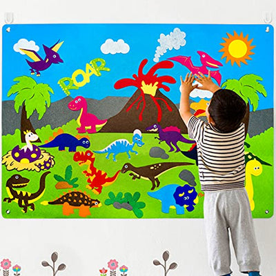 WATINC Dinosaur Felt-Board Stories Set 3.5Ft 37Pcs Preschool Dinosaurs Classification Storytelling Flannel Roar Volcano Ancient Animal Theme Early
