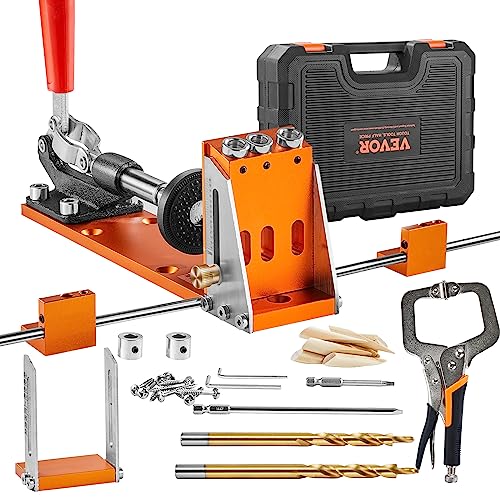 VEVOR Pocket Hole Jig Kit, 34 Pcs Pocket Hole Jig System with 11" C-clamp, Fixture, Step Drills, Wrenches, Drill Stop Rings, Square Drive Bits, VEVOR