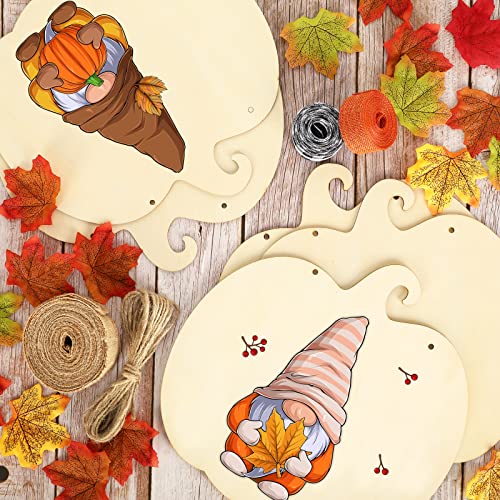 Whaline 5 Pieces 11.6 Inch Thanksgiving Unfinished Wood Pumpkin Cutout with 80Pcs Fake Maple Leaves Ribbons Hemp Rope Fall Pumpkin Wooden Slices for