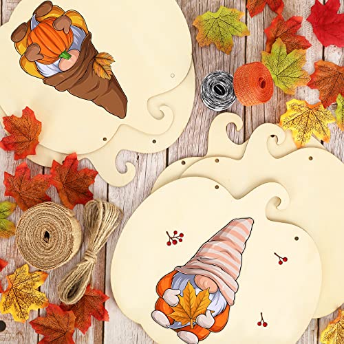 Whaline 5 Pieces 11.6 Inch Thanksgiving Unfinished Wood Pumpkin Cutout with 80Pcs Fake Maple Leaves Ribbons Hemp Rope Fall Pumpkin Wooden Slices for Whaline