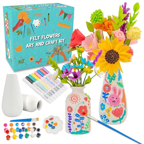 FTBox Crafts Kit for Girls Ages 6-12, Felt Flowers Bouquet and Paint Vase Art Craft Project for Girls, DIY Activity Christmas Birthday Gift for Girls