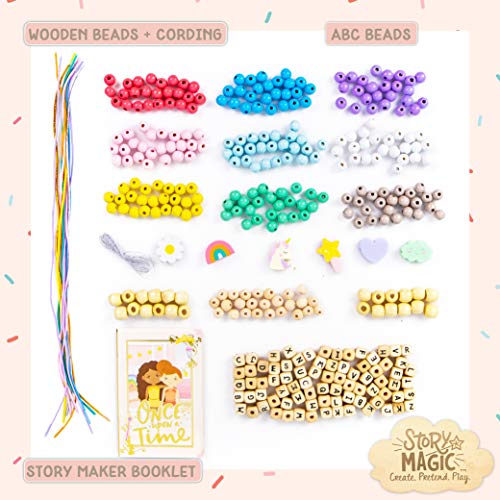 Story Magic Wooden ABC Bead Kit, Premium Wood Jewelry Making Kit, 350+ Wooden Beads & Charms for Beading Bracelets, Great for Playdates & Sleepovers, Story Magic
