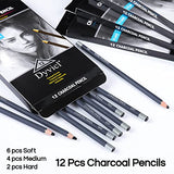 Dyvicl Professional Charcoal Pencils Drawing Set - 12 Pieces Soft, Medium & Hard Charcoal Pencils for Drawing, Sketching, Shading, Artist Pencils for Dyvicl