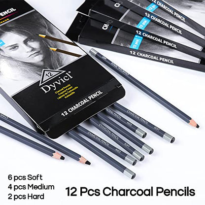 Dyvicl Professional Charcoal Pencils Drawing Set - 12 Pieces Soft, Medium & Hard Charcoal Pencils for Drawing, Sketching, Shading, Artist Pencils for - WoodArtSupply