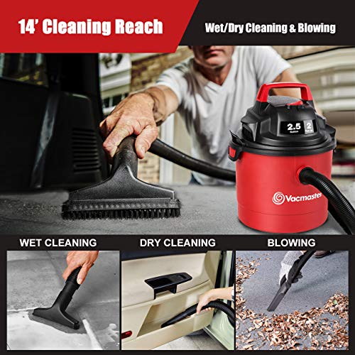 Vacmaster 2.5 Gallon Shop Vacuum Cleaner 2 Peak HP Power Suction Lightweight 3-in-1 Wet Dry Vacuum with Blower & Wall Mount Design for Cleaning Car, Vacmaster