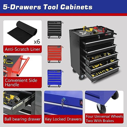 MHEOMTME 5-Drawers Tool Cabinets On Wheels, Rolling Tool Chest with Drawers, Craftsman Tool Box with Keyed Locking System, Tool Storage Organizer for - WoodArtSupply