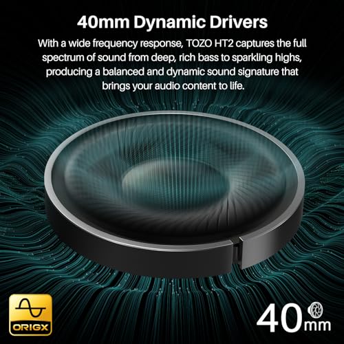 TOZO HT2 Hybrid Active Noise Cancelling Headphones, Wireless Over Ear Bluetooth Headphones, 60H Playtime, Hi-Res Audio Custom EQ via App Deep Bass TOZO