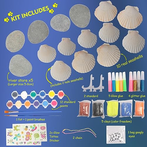 Lymoc Rock Painting Kit,Seashell Painting Kit,50 Pcs Arts and Crafts Activities Kits Gift for Kids Ages 6-12+, with 21 Paints Creative Art Toys for