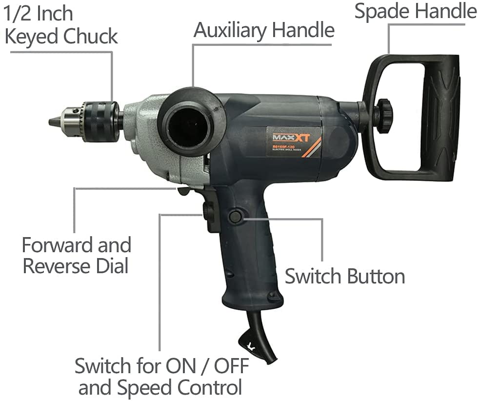 MAXXT Drill Mixer Set with Spade Handle 1/2 inch Electric Corded Mixing Drill Machine 9A Motor Concrete Mud Mixer MAXXT