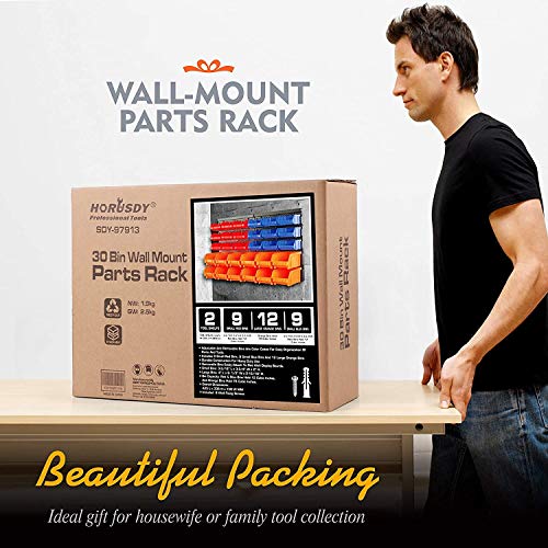 HORUSDY Wall Mounted Storage Bins Parts Rack 30PC Organizer Garage Plastic Shop Tool for Men's Gift, Blue,Orange,Red HORUSDY