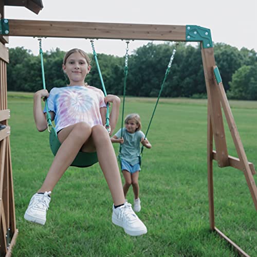 Backyard Discovery Lightning Ridge All Cedar Wooden Swing Set, Raised Clubhouse, 2 Belt Swings, 10 Inch Wave Slide, Ladder, Climbing Rock Wall Brown - WoodArtSupply