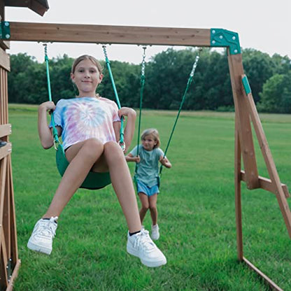 Backyard Discovery Lightning Ridge All Cedar Wooden Swing Set, Raised Clubhouse, 2 Belt Swings, 10 Inch Wave Slide, Ladder, Climbing Rock Wall Brown - WoodArtSupply