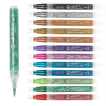 ZEYAR Acrylic Paint Pens, Brush Tip, Water based, Metallic Colors, Writes on Paper, Rock, Rubber, Ceramics, Wood, Glass and more (12 Metallic Colors) - WoodArtSupply