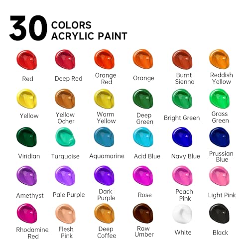 Shuttle Art 46 Pack Acrylic Paint Set, 30 Colors Acrylic Paint with 10 Paint Brushes 3 Painting Canvas 1 Paint Knife Palette Sponge, Complete Gift Shuttle Art
